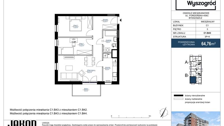 Rzut - Mieszkanie na sprzedaż 3 pokoje o powierzchni 64,76 m² - numer C1.B43 w Nowy Wyszogród etap II