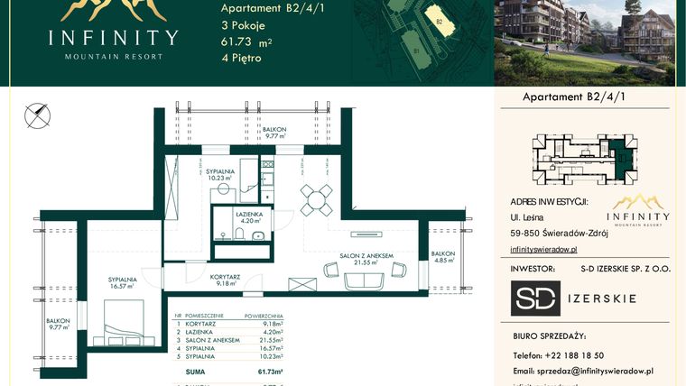 Rzut - Mieszkanie na sprzedaż 3 pokoje o powierzchni 61,73 m² - numer B2.4.1 w Infinity Mountain Resort