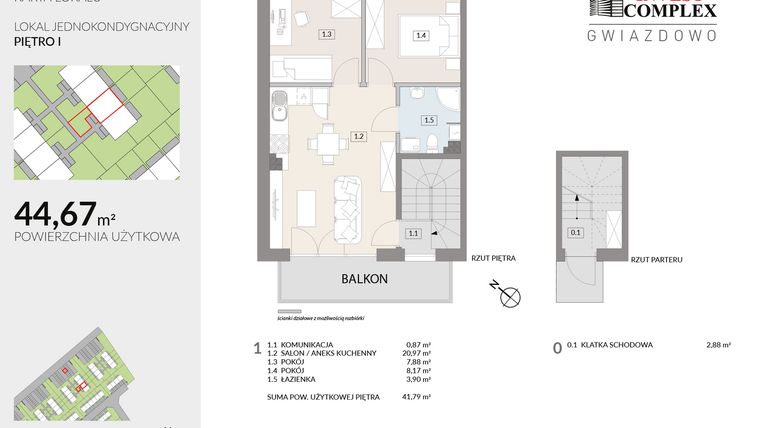 Rzut - Mieszkanie na sprzedaż 3 pokoje o powierzchni 44,67 m² - numer A55.2 w Osiedle Gwiazdowo etap 6B