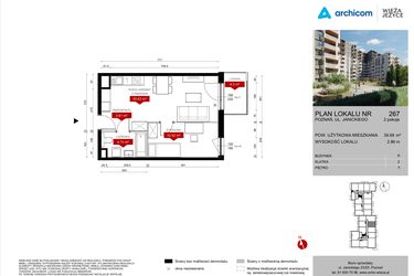 Rzut - Mieszkanie na sprzedaż 2 pokoje o powierzchni 39,69 m² - numer K.267 w Wieża Jeżyce etap V