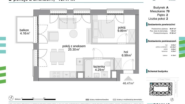 Rzut - Mieszkanie na sprzedaż 2 pokoje o powierzchni 46,47 m² - numer 70 w Osiedle Fokus Ursus