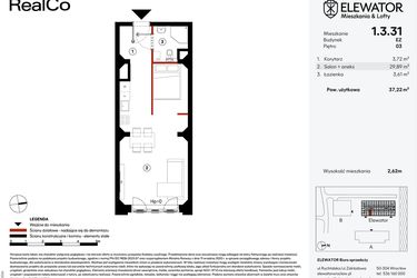 Rzut - Mieszkanie na sprzedaż 1 pokój o powierzchni 37,22 m² - numer EZ.1.3.31 w Elewator - Mieszkania i Lofty