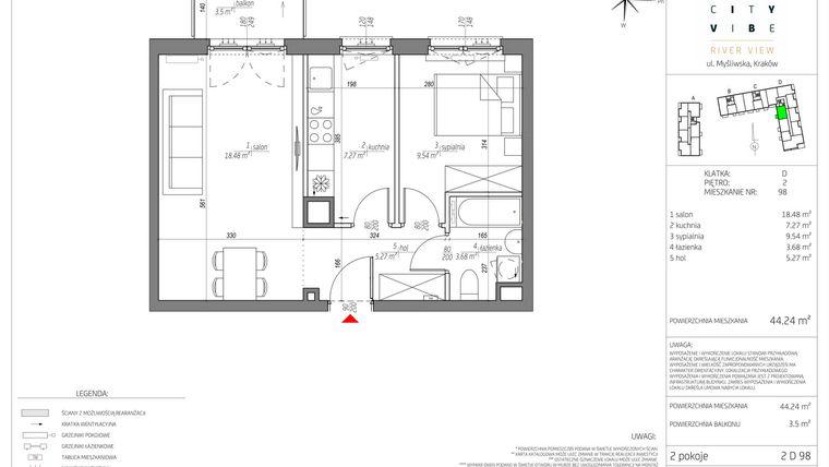 Rzut - Mieszkanie na sprzedaż 2 pokoje o powierzchni 44,36 m² - numer E/2 D 98 w City Vibe