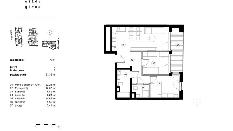 Rzut - Mieszkanie na sprzedaż 3 pokoje o powierzchni 61,36 m² - numer A.34 w Dolna Górna Wilda