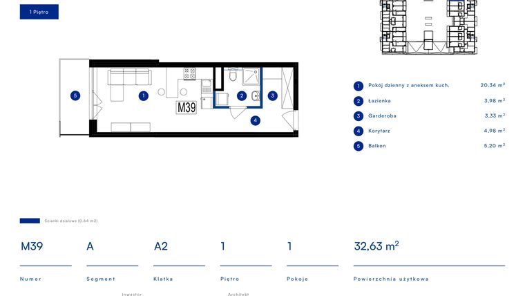Rzut - Mieszkanie na sprzedaż 1 pokój o powierzchni 32,63 m² - numer 39A w Przy Bursztynowej