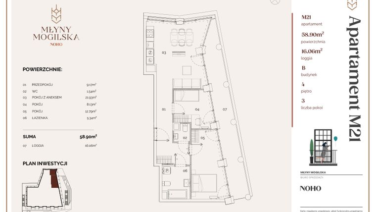 Rzut - Mieszkanie na sprzedaż 3 pokoje o powierzchni 58,9 m² - numer B.21 w Młyny Mogilska