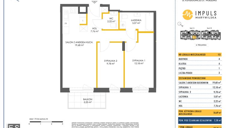 Rzut - Mieszkanie na sprzedaż 3 pokoje o powierzchni 56,69 m² - numer A/15 w Impuls Marywilska