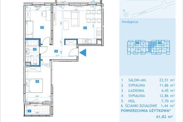 Rzut - Mieszkanie na sprzedaż 3 pokoje o powierzchni 61,82 m² - numer E10 w Osiedle Botaników etap E