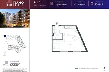 Rzut - Mieszkanie na sprzedaż 1 pokój o powierzchni 50,85 m² - numer A.2.15 w Piano