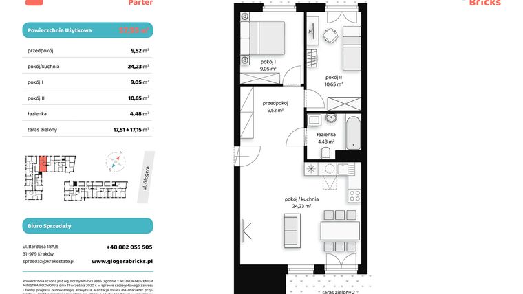 Rzut - Mieszkanie na sprzedaż 3 pokoje o powierzchni 57,93 m² - numer M IV.0.1 w Glogera Bricks