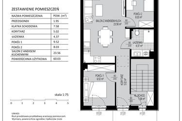 Rzut - Mieszkanie na sprzedaż 3 pokoje o powierzchni 60,03 m² - numer D14 w Kowalove etap 2