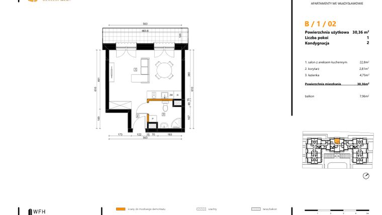 Rzut - Mieszkanie na sprzedaż 1 pokój o powierzchni 30,36 m² - numer B.1.02 w SPOT