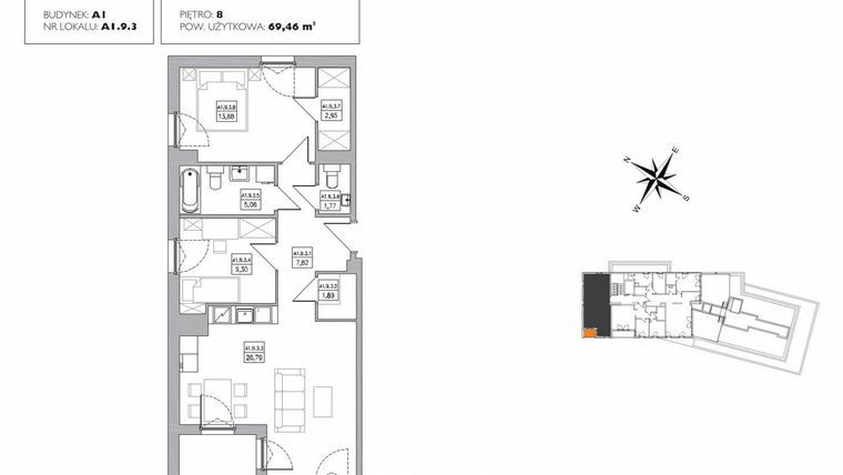 Rzut - Mieszkanie na sprzedaż 3 pokoje o powierzchni 69,46 m² - numer A1.9.3 w Alvarium 2.0