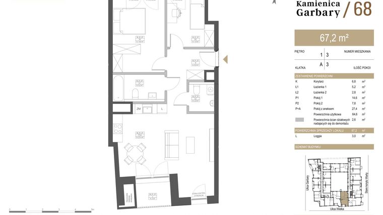 Rzut - Mieszkanie na sprzedaż 3 pokoje o powierzchni 67,2 m² - numer 3 w Garbary 68