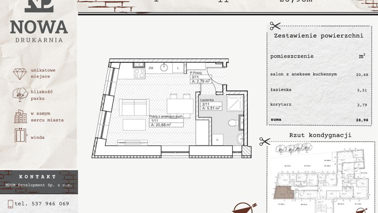 Rzut - Mieszkanie na sprzedaż 1 pokój o powierzchni 28,98 m² - numer M11 w Nowa Drukarnia