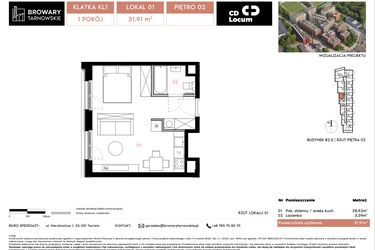 Rzut - Mieszkanie na sprzedaż 1 pokój o powierzchni 31,91 m² - numer B2.1 w Browary Tarnowskie etap 1