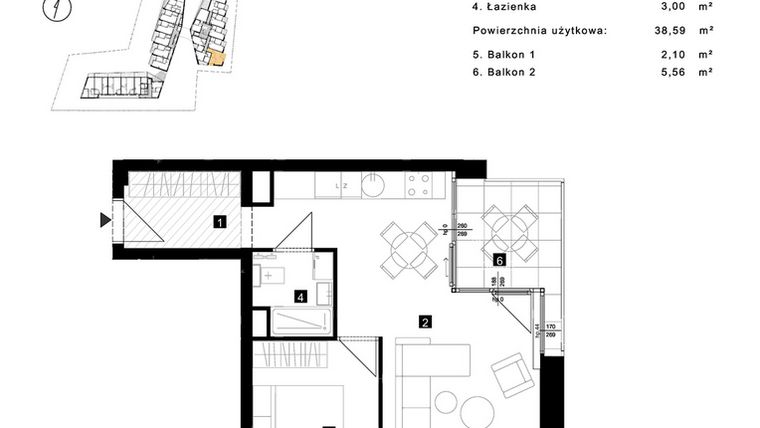 Rzut - Mieszkanie na sprzedaż 2 pokoje o powierzchni 38,59 m² - numer C.1.12 w Cisha Apartamenty Dziwnów