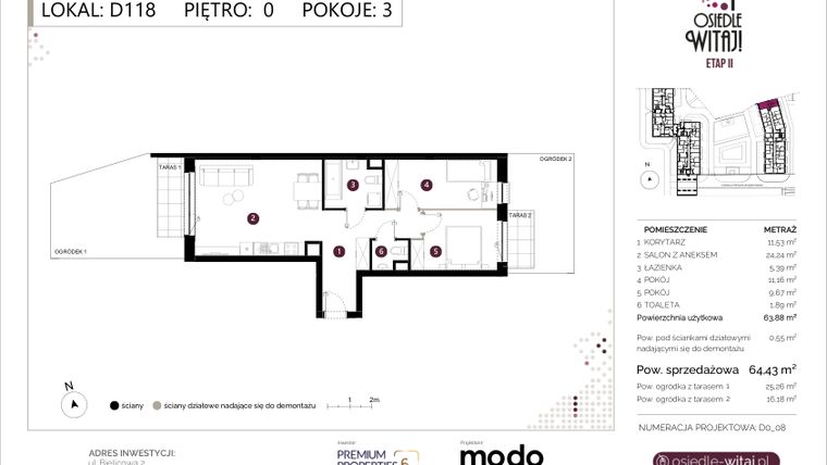 Rzut - Mieszkanie na sprzedaż 3 pokoje o powierzchni 64,43 m² - numer D118 w Osiedle Witaj etap II