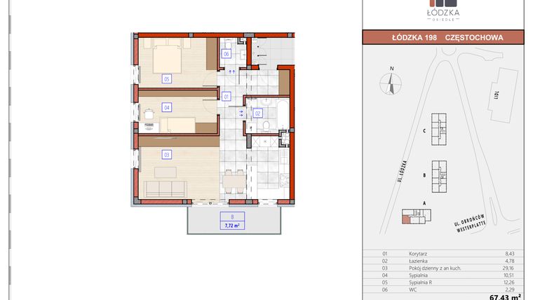 Rzut - Mieszkanie na sprzedaż 3 pokoje o powierzchni 67,55 m² - numer A.M.26 w Łódzka Osiedle