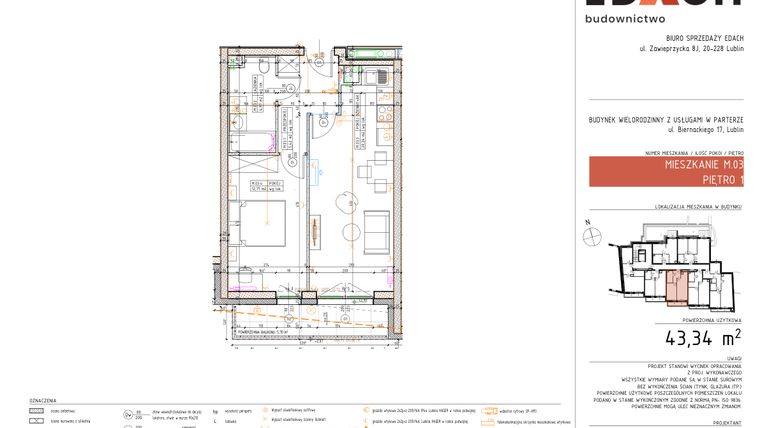 Rzut - Mieszkanie na sprzedaż 2 pokoje o powierzchni 43,34 m² - numer 3 w Biernackiego 15-17