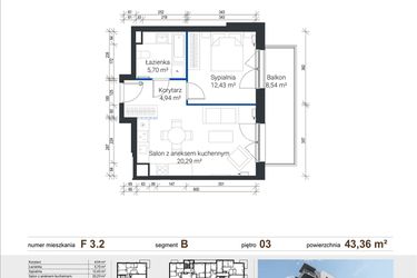 Rzut - Mieszkanie na sprzedaż 2 pokoje o powierzchni 43,36 m² - numer F 3.2 w Nowe Zabłocie