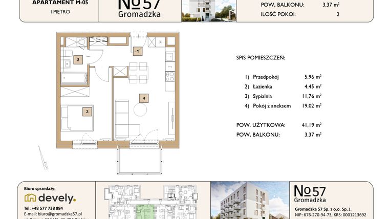 Rzut - Mieszkanie na sprzedaż 2 pokoje o powierzchni 41,19 m² - numer M-05 w Gromadzka 57
