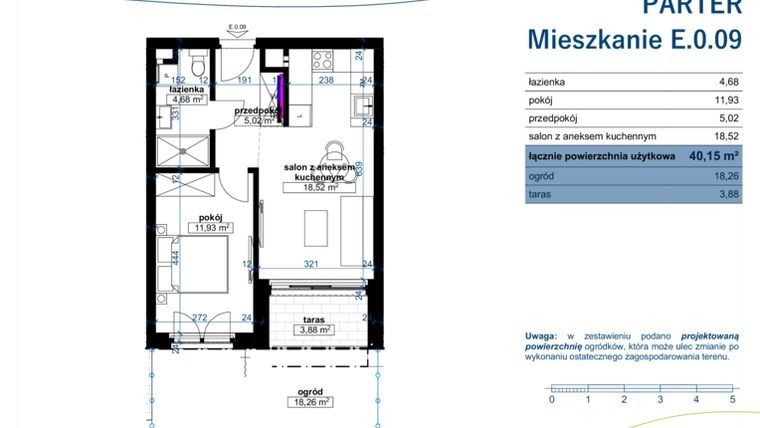 Rzut - Mieszkanie na sprzedaż 2 pokoje o powierzchni 40,15 m² - numer E.0.09 w Wzgórze Poetów 2