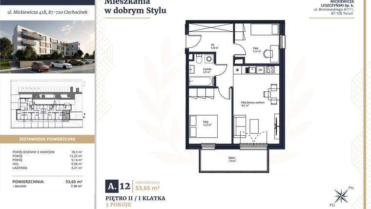 Rzut - Mieszkanie na sprzedaż 3 pokoje o powierzchni 53,65 m² - numer A12 w Mickiewicza