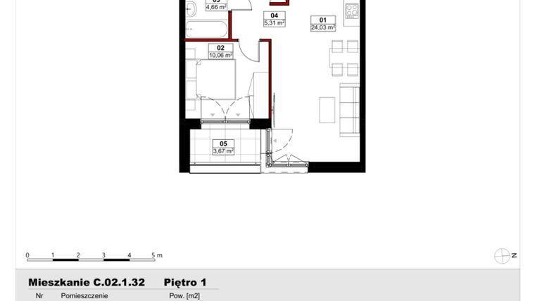 Rzut - Mieszkanie na sprzedaż 2 pokoje o powierzchni 44,06 m² - numer C02.1.32 w Skwer Witosa