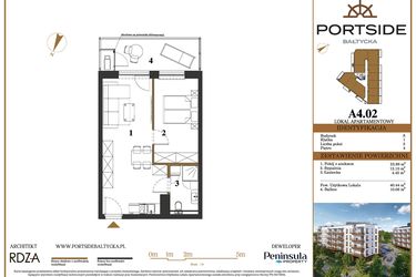 Rzut - Mieszkanie na sprzedaż 2 pokoje o powierzchni 40,44 m² - numer A4.02 w Portside Bałtycka