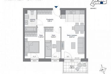 Rzut - Mieszkanie na sprzedaż 3 pokoje o powierzchni 55,25 m² - numer C.4.5 w Nowa Dąbrowa