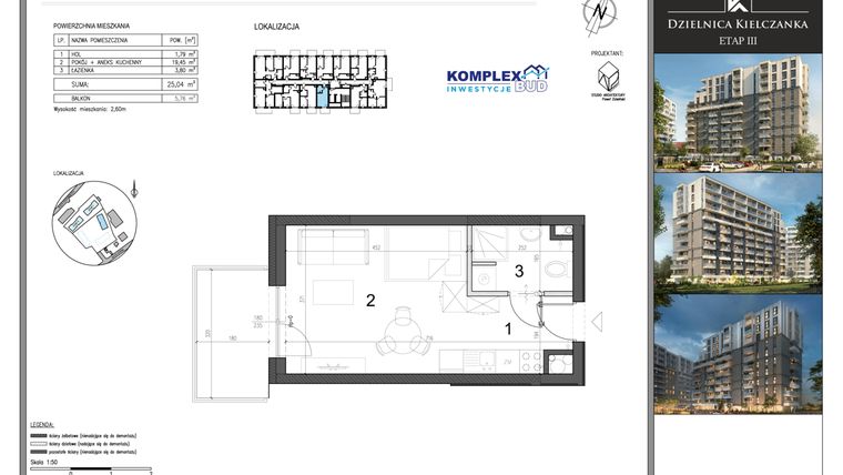 Rzut - Mieszkanie na sprzedaż 1 pokój o powierzchni 25,04 m² - numer M48 w Dzielnica Kielczanka etap III