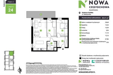 Rzut - Mieszkanie na sprzedaż 3 pokoje o powierzchni 69,41 m² - numer D24 w Nowa Częstochowa Małopolska etap II