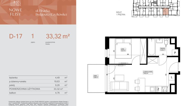 Rzut - Mieszkanie na sprzedaż 2 pokoje o powierzchni 33,32 m² - numer M17_NF.d w Nowe Flisy II