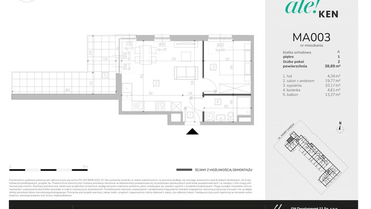 Rzut - Mieszkanie na sprzedaż 2 pokoje o powierzchni 38,89 m² - numer MA003 w Ale!Ken