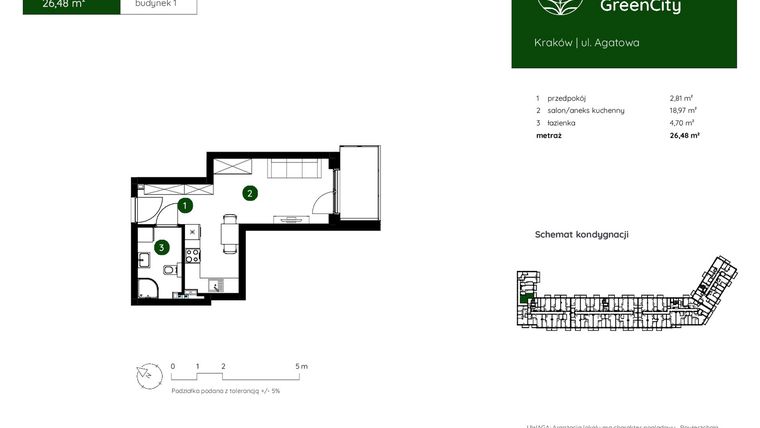 Rzut - Mieszkanie na sprzedaż 1 pokój o powierzchni 26,48 m² - numer 1.A.1.12 w Murapol GreenCity bud. 1