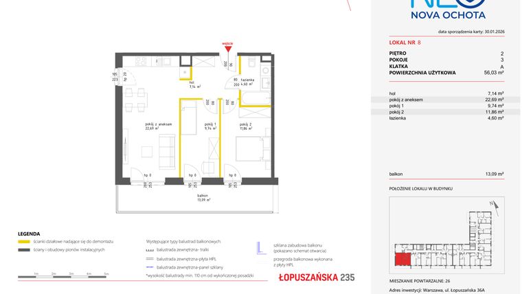 Rzut - Mieszkanie na sprzedaż 3 pokoje o powierzchni 56,08 m² - numer 8 w Neo Nova Ochota