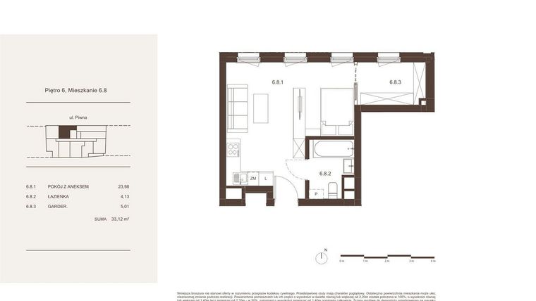 Rzut - Mieszkanie na sprzedaż 1 pokój o powierzchni 33,13 m² - numer 6.8 w Piwna 21