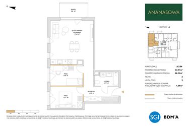 Rzut - Mieszkanie na sprzedaż 3 pokoje o powierzchni 66,2 m² - numer A.3.04 w Ananasowa