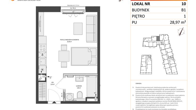 Rzut - Mieszkanie na sprzedaż 1 pokój o powierzchni 28,97 m² - numer B1.10 w Zajezdnia Motława
