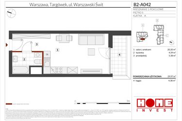 Rzut - Mieszkanie na sprzedaż 1 pokój o powierzchni 29,97 m² - numer B2-A042 w Warszawski Świt etap IX