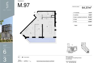 Rzut - Mieszkanie na sprzedaż 3 pokoje o powierzchni 64,37 m² - numer M97 w Sky Trust etap II