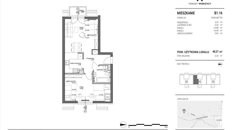 Rzut - Mieszkanie na sprzedaż 2 pokoje o powierzchni 48,37 m² - numer B1.16 w Tarasy Wierzycy