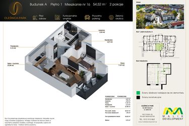 Rzut - Mieszkanie na sprzedaż 2 pokoje o powierzchni 54,52 m² - numer M16 w Oleśnica Park