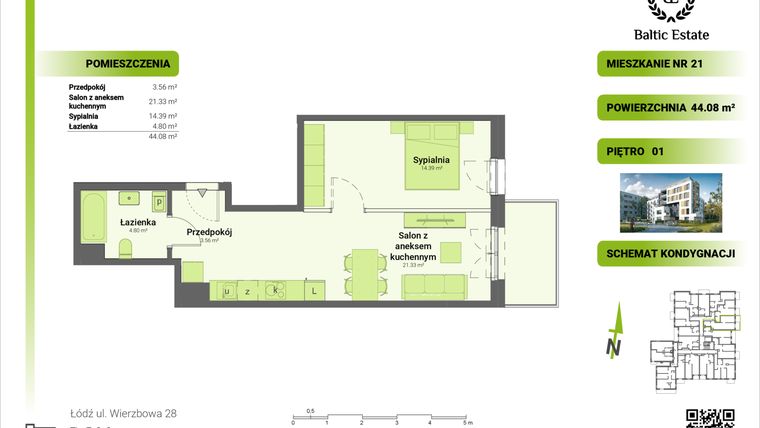 Rzut - Mieszkanie na sprzedaż 2 pokoje o powierzchni 44,08 m² - numer 01.M.21 w Dom Architekta