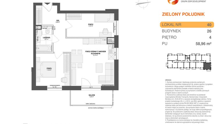 Rzut - Mieszkanie na sprzedaż 3 pokoje o powierzchni 58,96 m² - numer ZP_1_14_26_40 w Zielony Południk