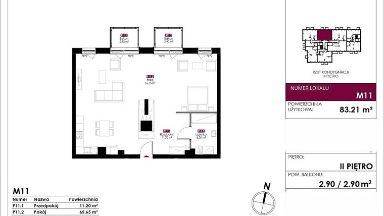Rzut - Mieszkanie na sprzedaż 4 pokoje o powierzchni 83,21 m² - numer M11 w Słowackiego 78