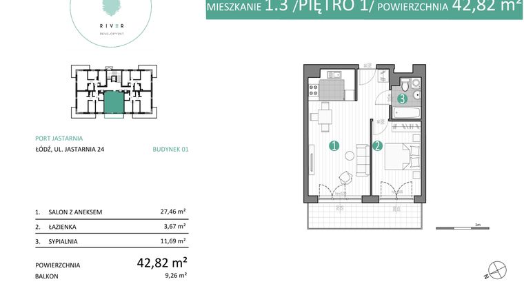Rzut - Mieszkanie na sprzedaż 2 pokoje o powierzchni 42,82 m² - numer 01.1.3 w Port Jastarnia bud. 01, 04