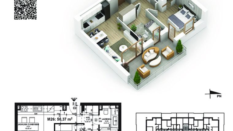 Rzut - Mieszkanie na sprzedaż 3 pokoje o powierzchni 50,37 m² - numer 26 w Piano Park etap V