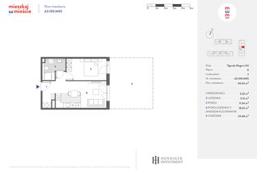 Rzut - Mieszkanie na sprzedaż 2 pokoje o powierzchni 40,21 m² - numer A3.100.M05 w Mieszkaj w mieście - Ogrody Glogera